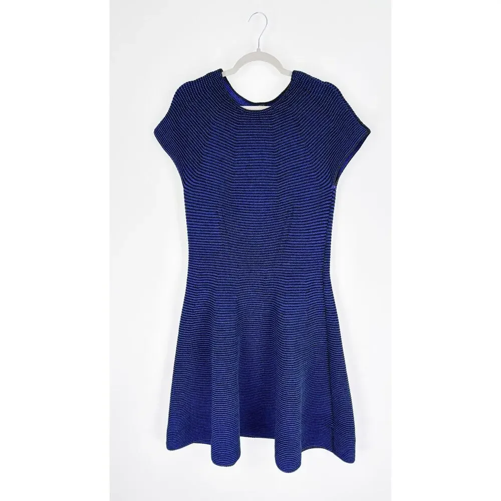 Escada Womens Blue Short Cap Sleeve A Line Dress Round Neck Knit Size XL Black